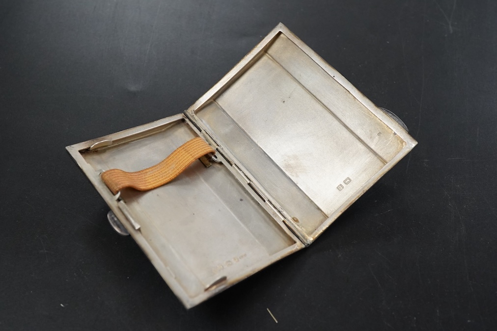 A George V Art Deco engine turned silver and guilloche enamel cigarette case length 8.2cm., weight approx. 3.24ozt